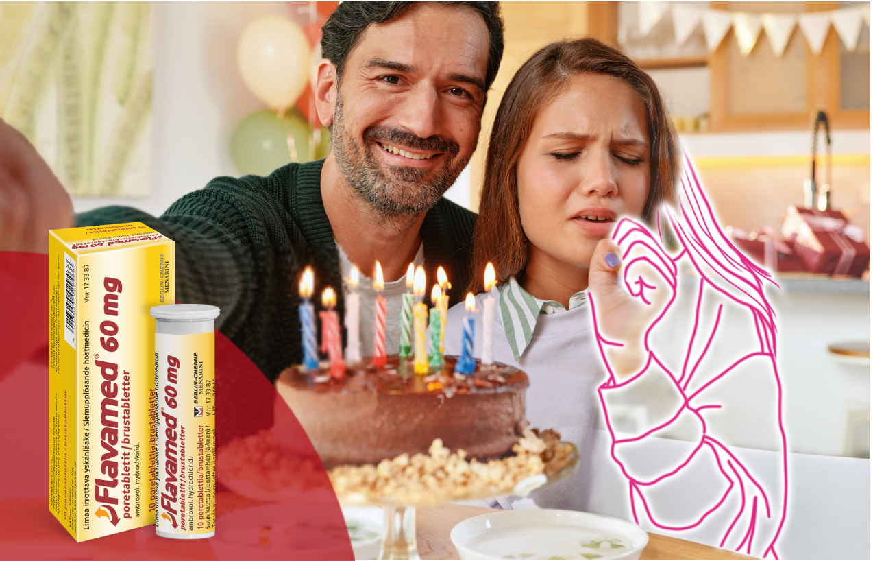 Family celebration, Father and daughter take selfie and daughter starts to cough